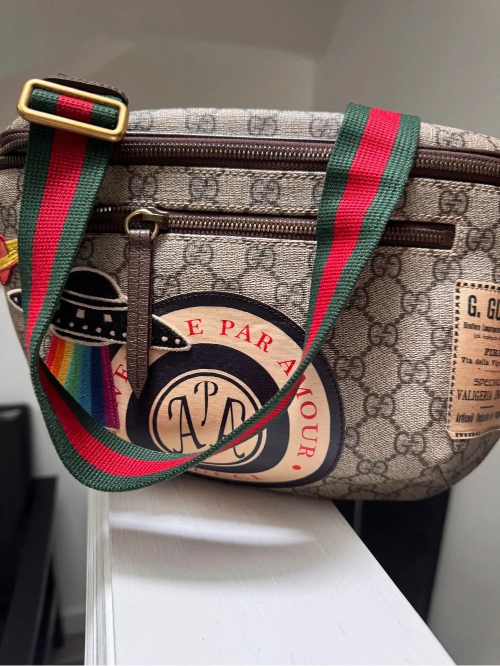 Gucci Beige GG Supreme Canvas Belt Bag with Multicolor Patches and Web Strap